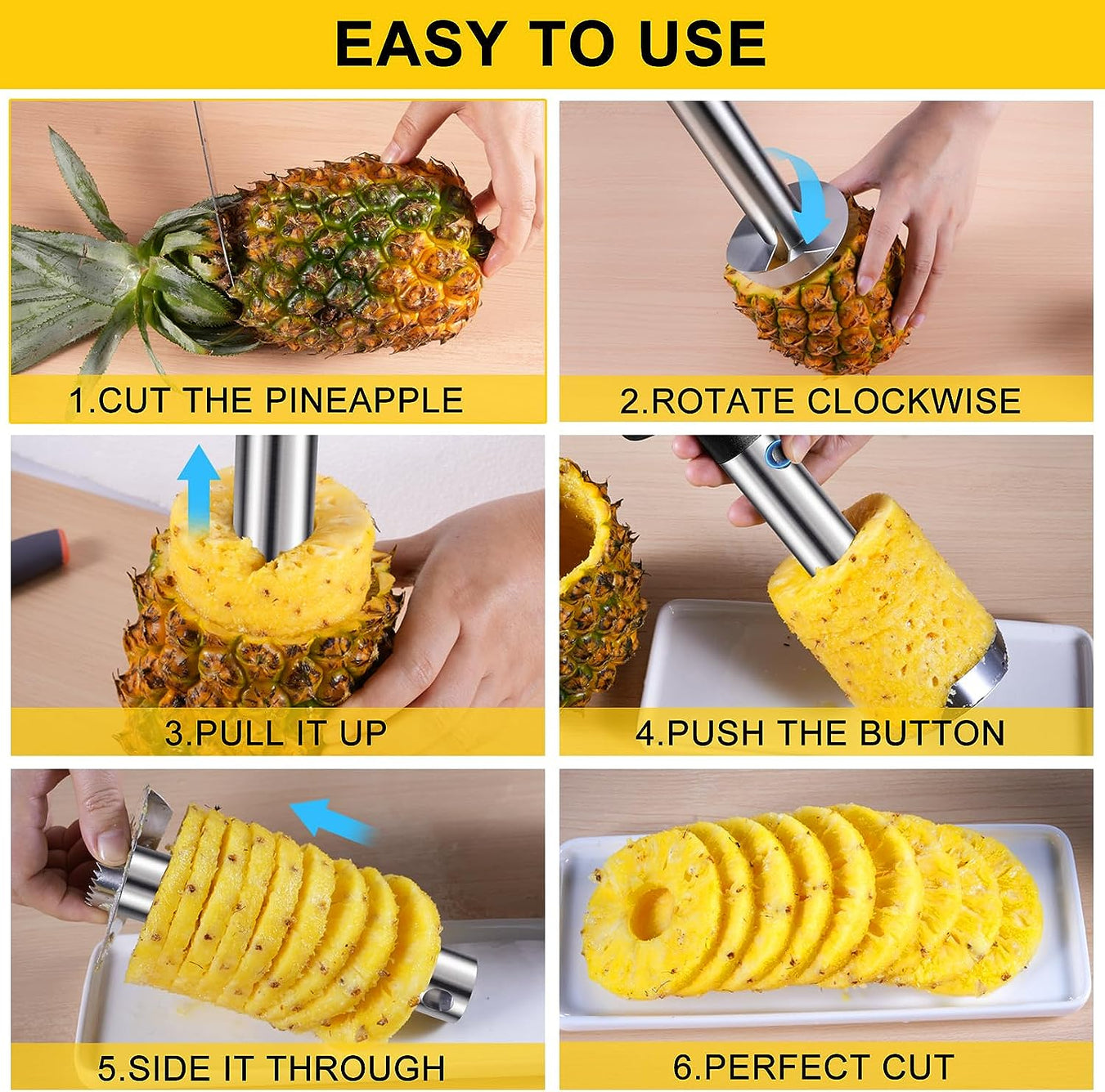 Pineapple Cutter and Corer, Durable Pineapple Corer Remover with Upgraded Cutter & Sharp Teeth, Stainless Steel Kitchen Pineapple Slicer Tool, Black Handle